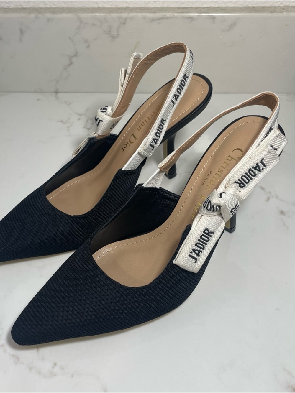 Dior Black Pointed Slingback Heels with White J'Adior Ribbon